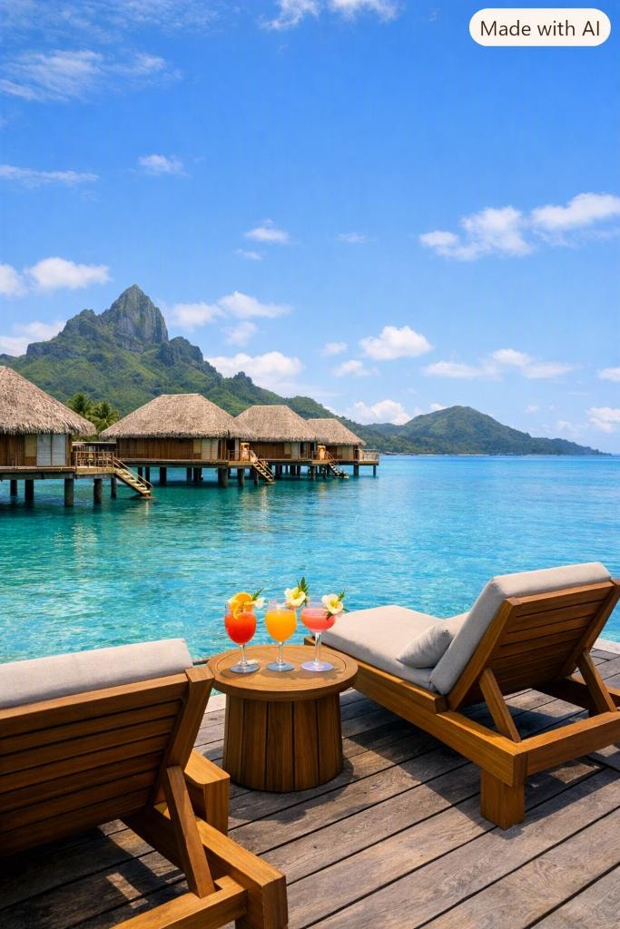 Overwater bungalows on a turquoise tropical lagoon with lush green mountains under a bright blue sky, French Polynesia